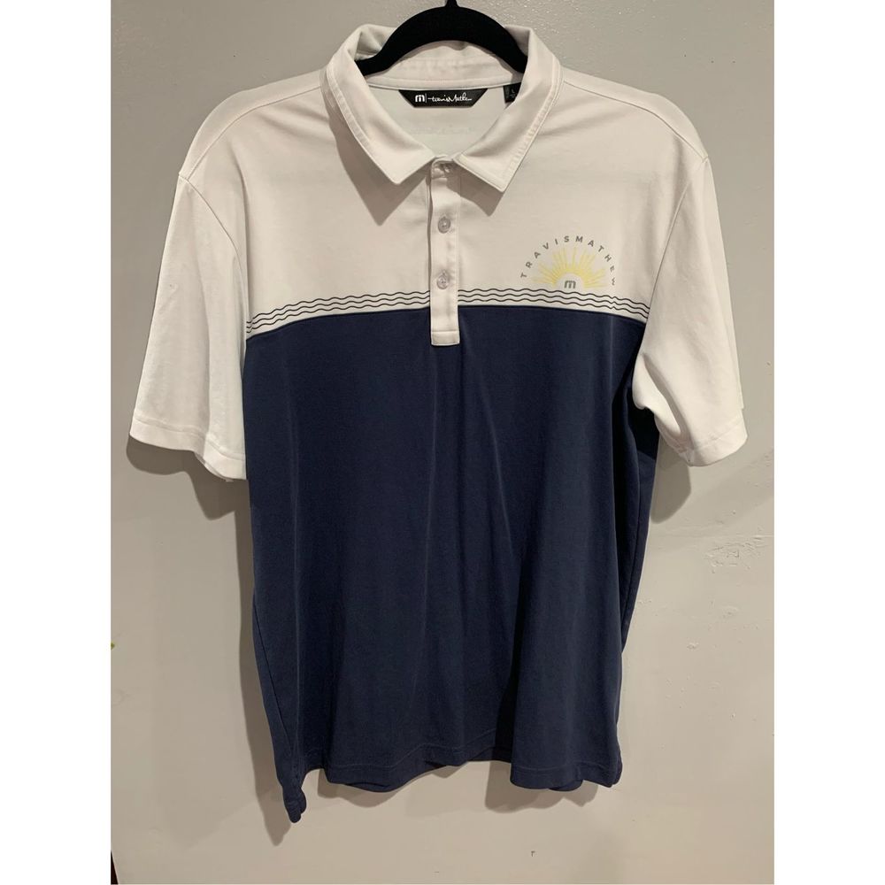 Mens TRAVIS MATHEW Golf Polo Shirt-Large Blue/White Short Sleeve Pima Cotton EUC
